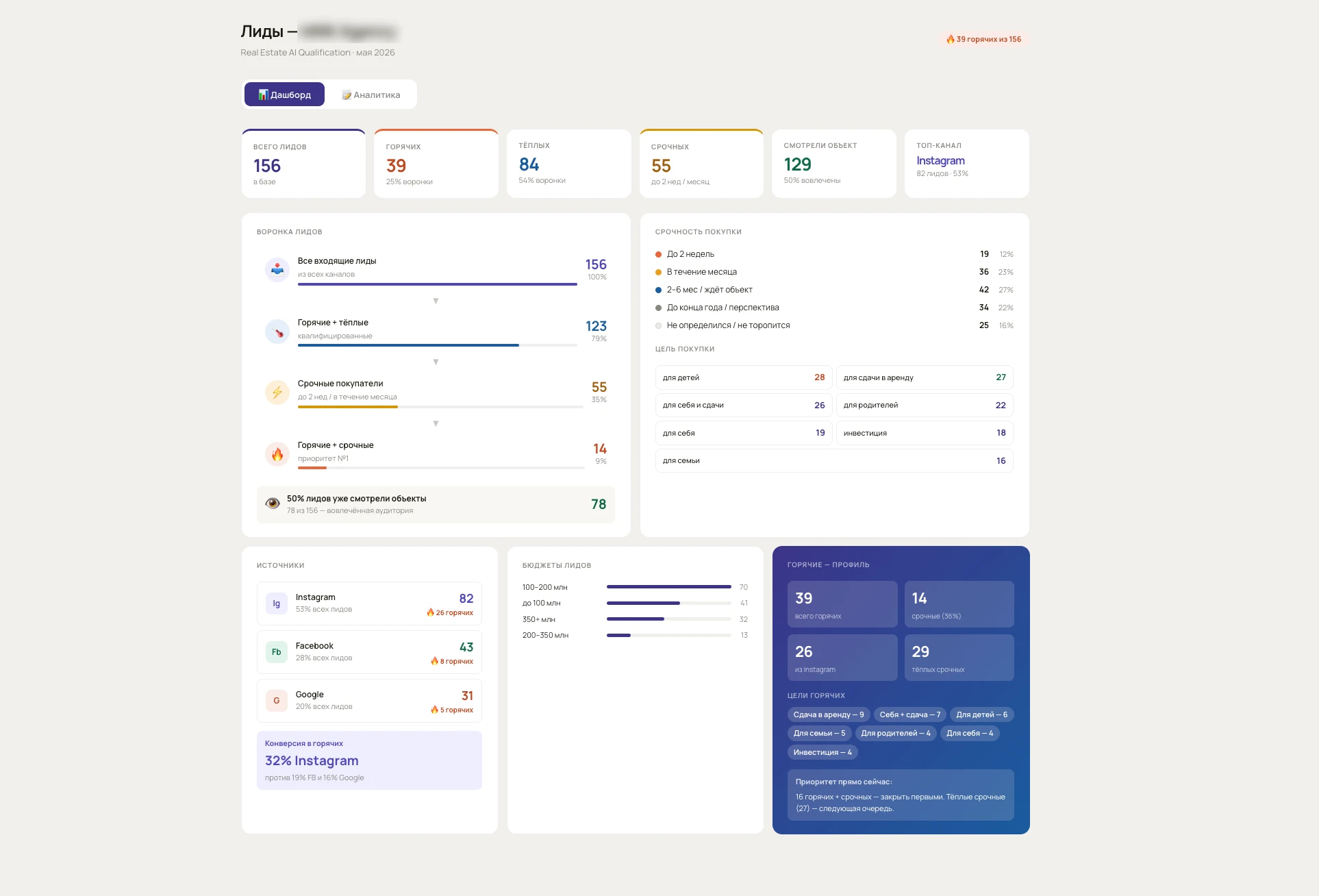Lead qualification dashboard: funnel, traffic sources, budgets and the profile of hot leads