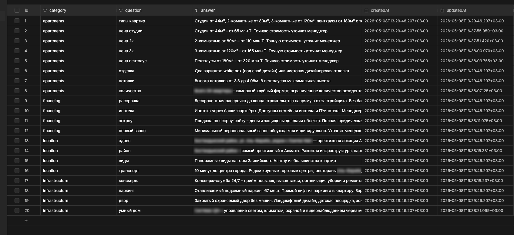Knowledge base for the AI agent: a table of categories, questions and answers used to advise leads